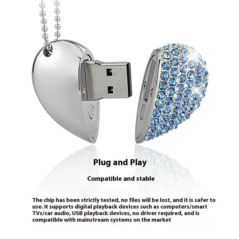Heart-shaped brick pattern USB flash drive in blue, showing metal shell and USB connector.