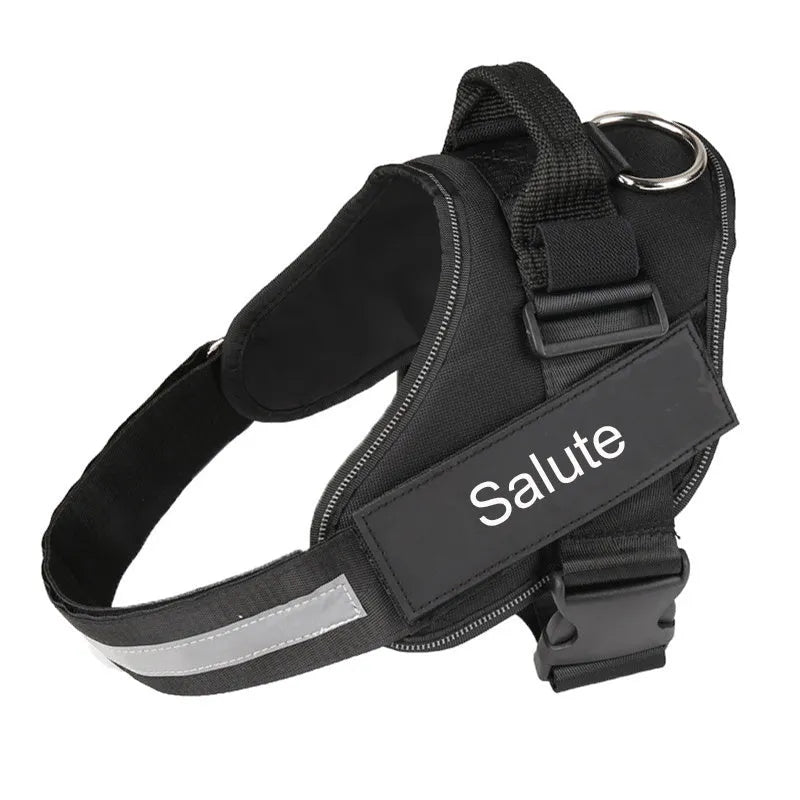 Adjustable reflective dog harness with handle and D-ring on blue background showing size chart