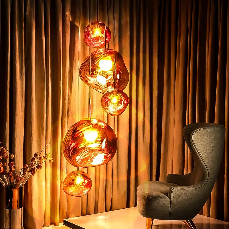 Irregular post-modern glass chandelier in gold finish with lava-like shape for bedroom or living room lighting