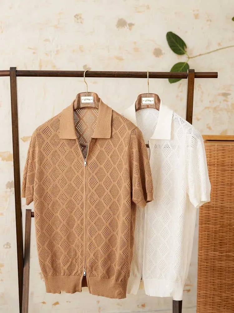 Cotton short sleeve lapel cardigan with zipper front in light brown colour