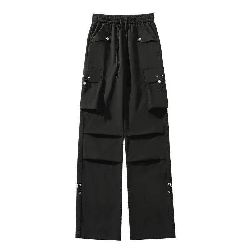 Plus size black straight-leg waterproof trousers with an elastic drawstring waist