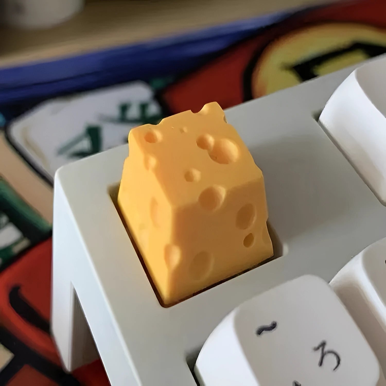 Yellow resin cheese-themed artisan keycap for mechanical keyboards with Cherry MX compatibility
