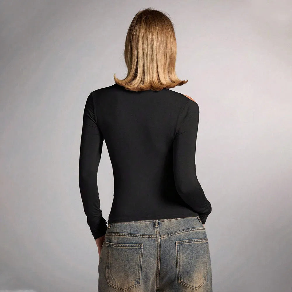 Black women's slim fit halter top with long sleeves on a model.