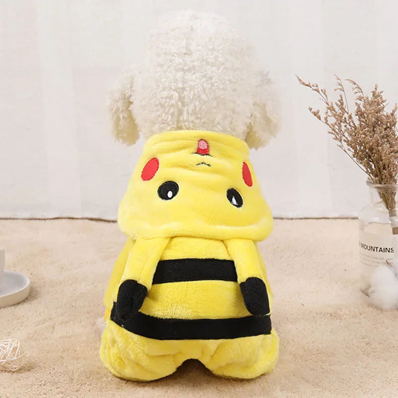 Fleece hooded cat coat with cartoon design on a small pet