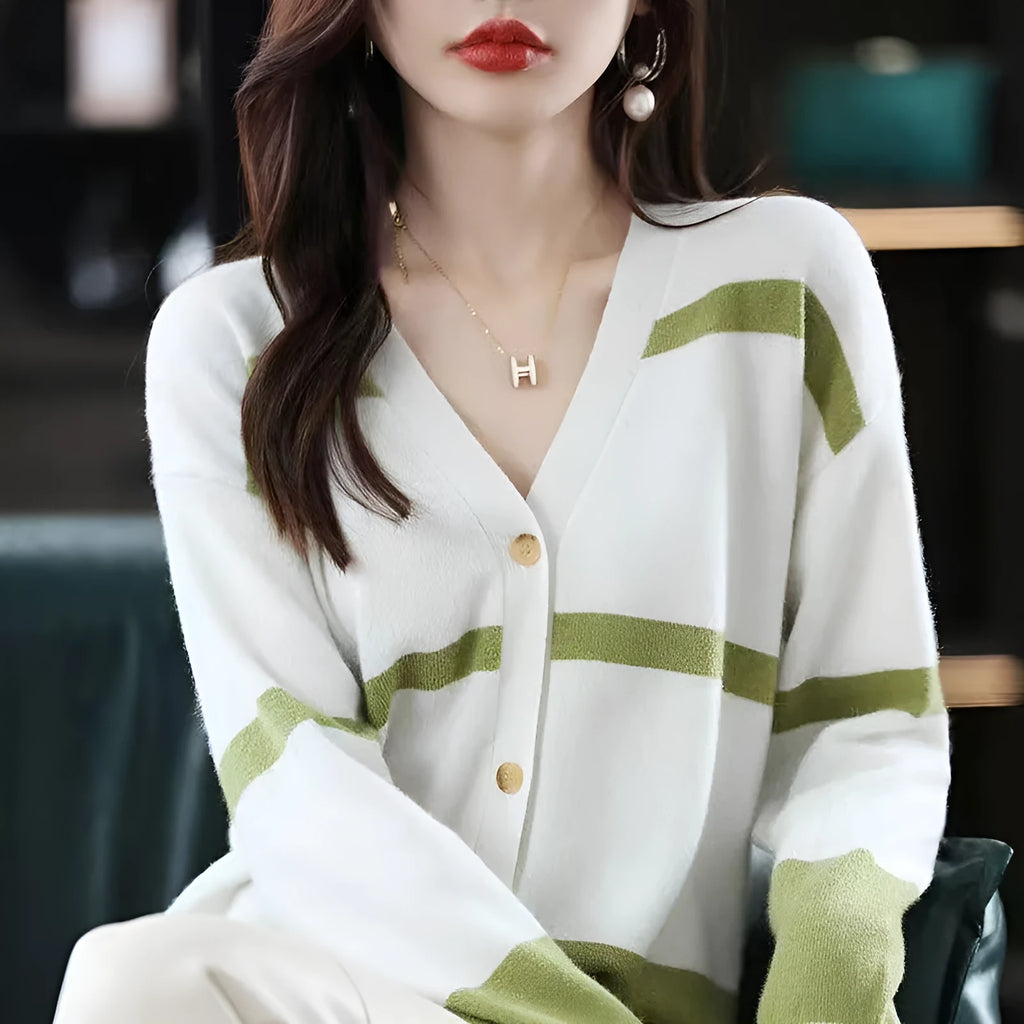 Women's striped knitted cardigan with V-neck, button front, and 3D pattern texture