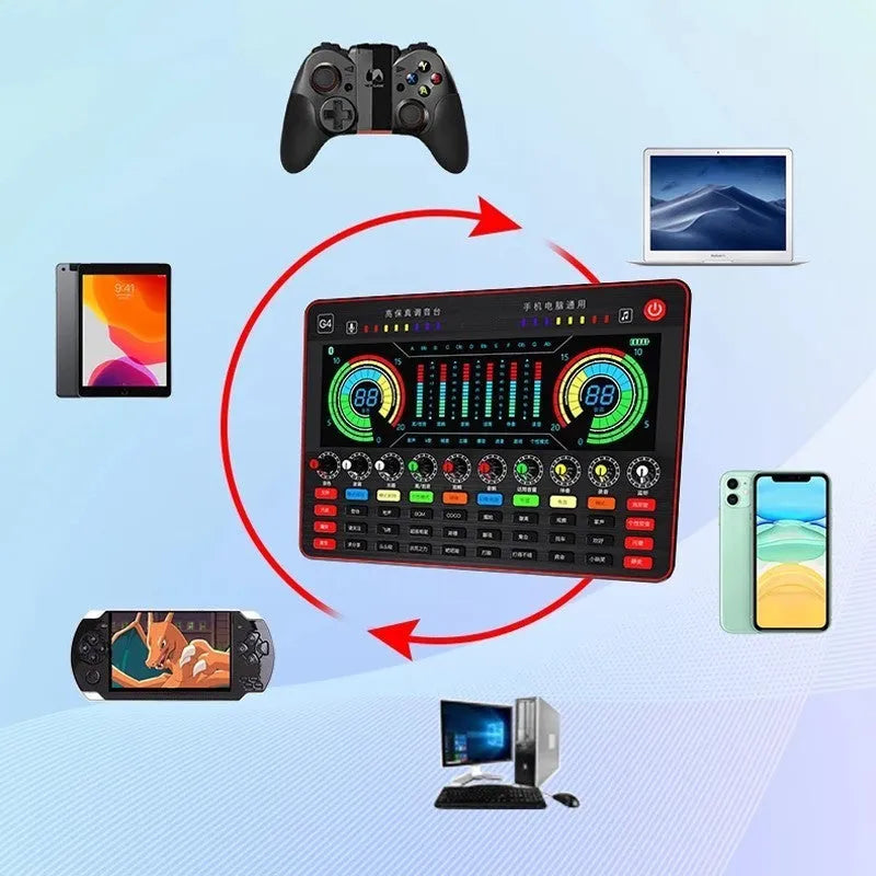 G4 professional sound card mixer with Q8 capacitor microphone, LCD screen, and tuning knobs for live streaming setup