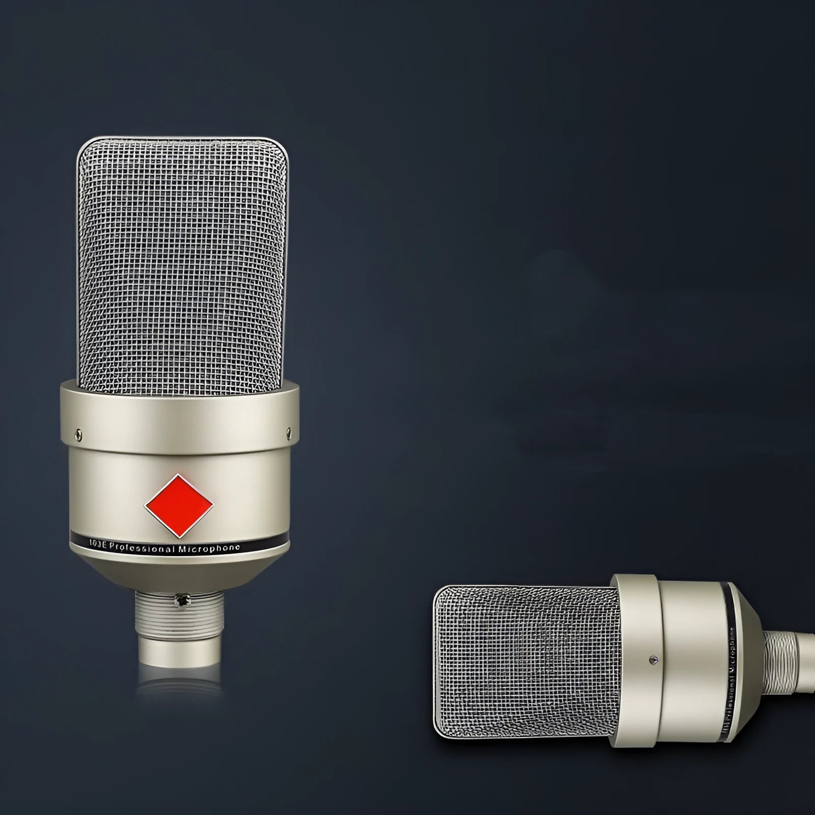 Wired condenser microphone with stand in black gold or champagne gold finish for vocal recording and broadcasting.
