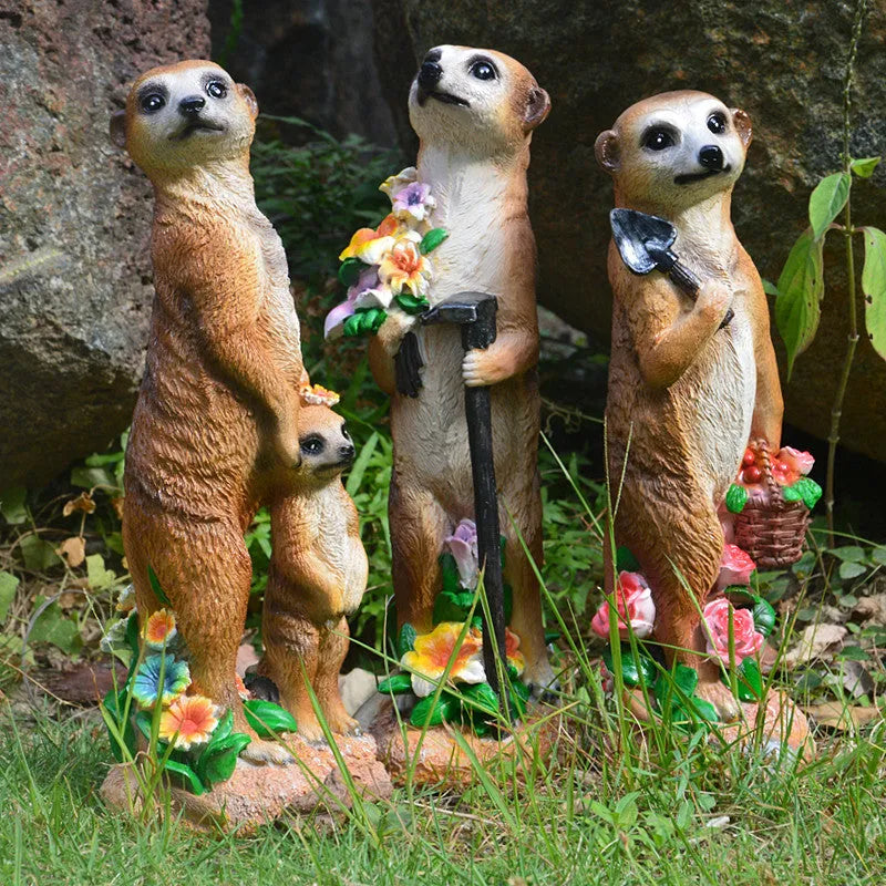 Straw hat mongoose ornament set with gardening tools in yellow brown and straw colour variations