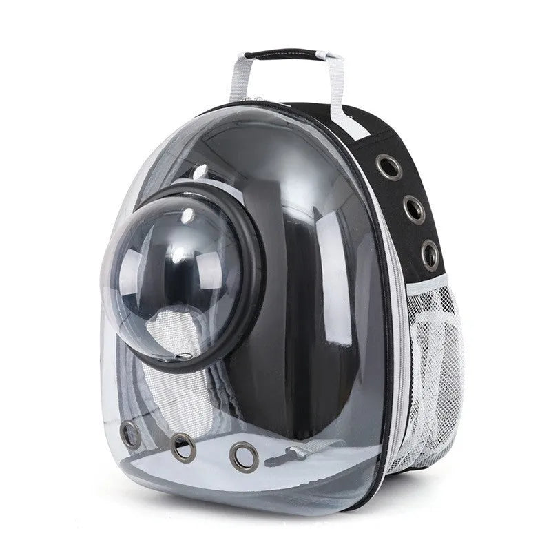 Grey astronaut-style structured cat carrier bag with a side-opening door