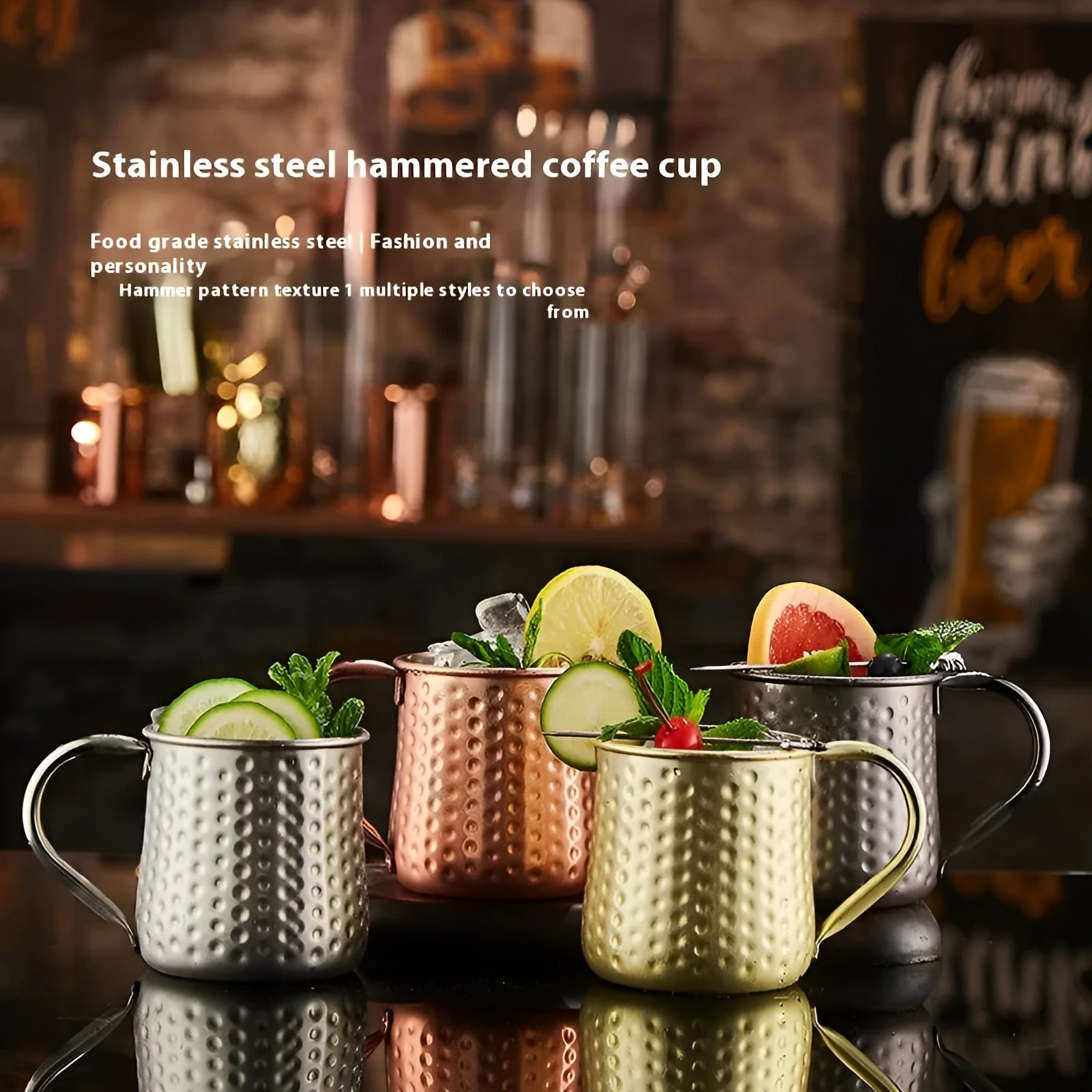 Stainless steel Moscow mule cup with copper plating in multiple colour options and capacity sizes