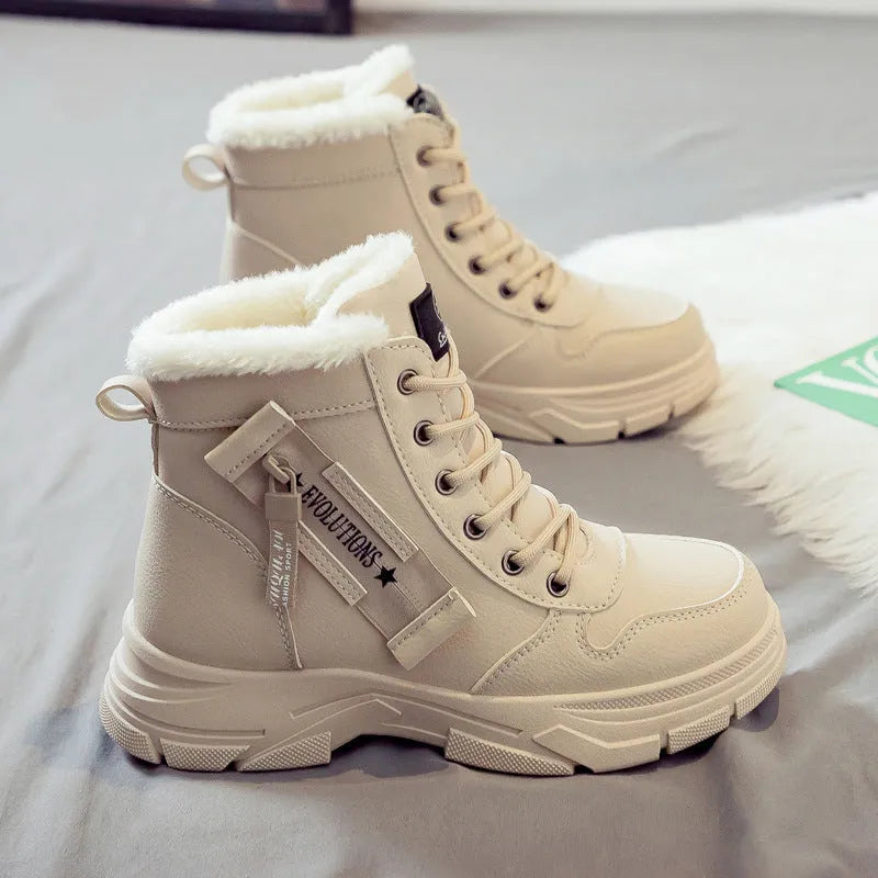 Women's plus size tall black snow boot with velvet lining and lace-up front on a rubber sole.
