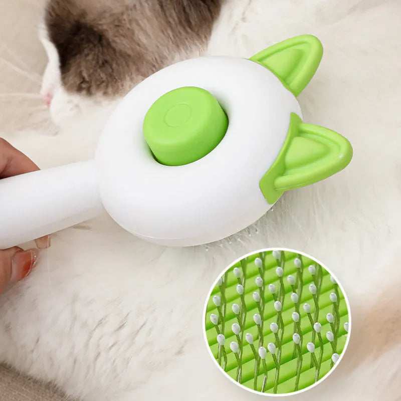 Self-cleaning pet grooming brush with stainless steel teeth in greenish white colour