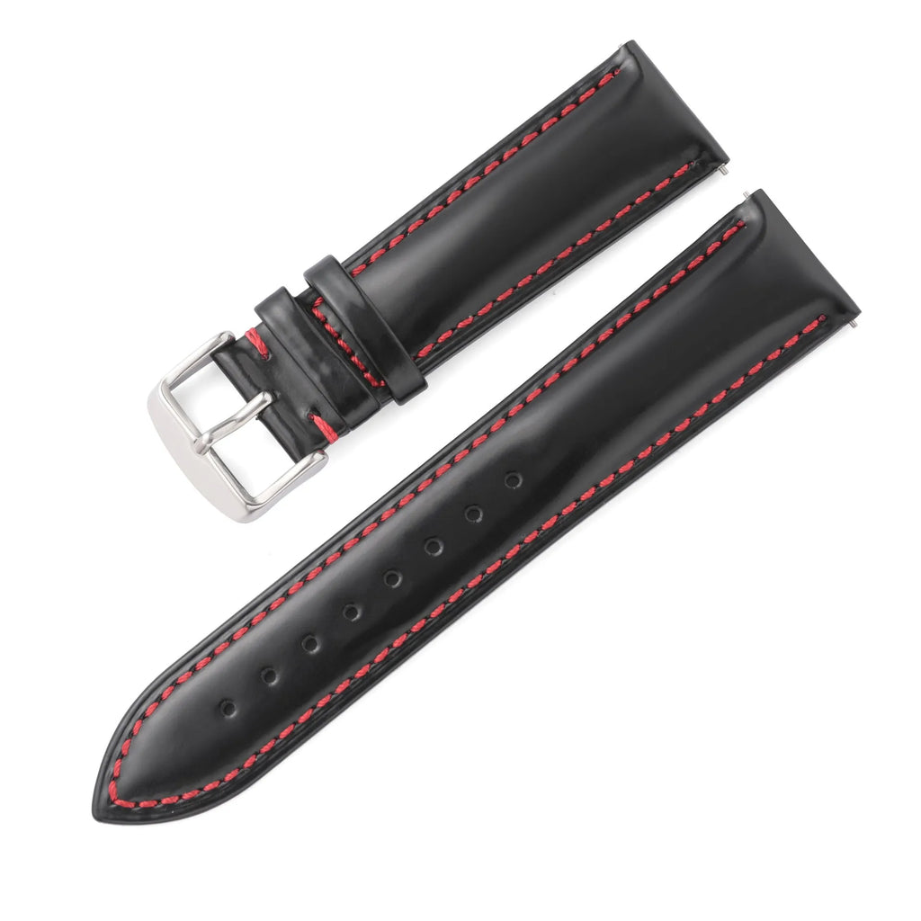 Quick release leather watch strap in bright cowhide showing colour options and width measurements