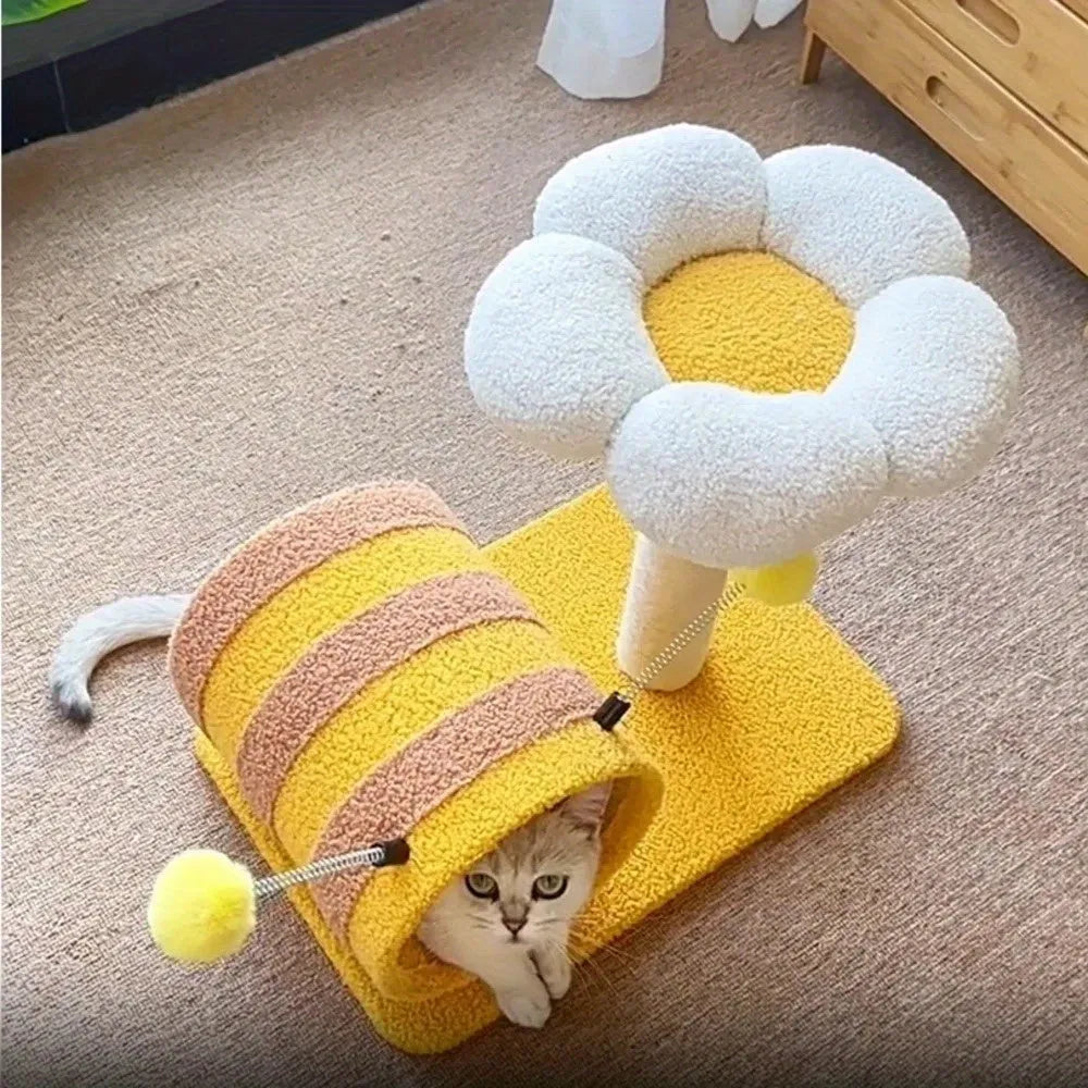 Yellow bee design cat climbing frame with sisal scratching board and tunnel measuring 46cm wide