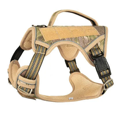 Tactical dog chest strap in oxford cloth, shown in olive green colour on a working dog.