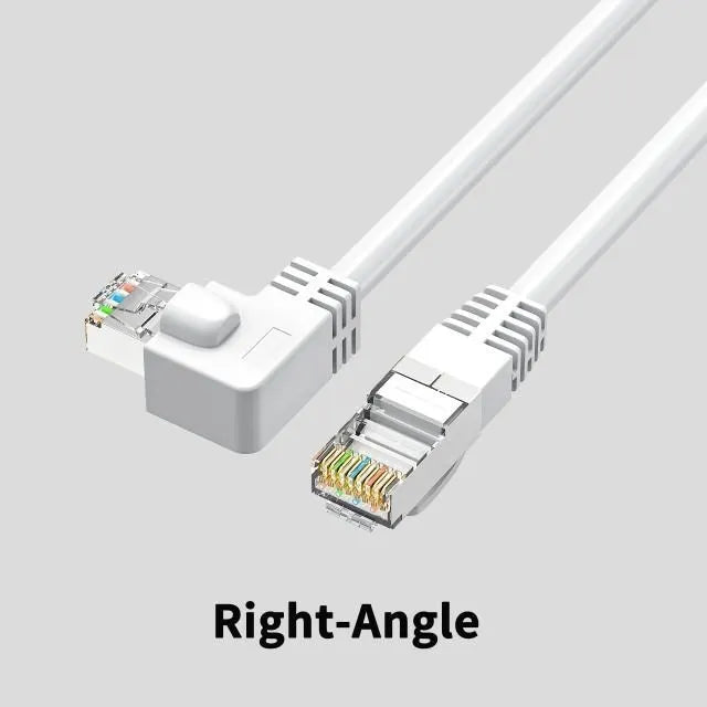 Cat6 Ethernet cable with right-angle RJ45 connector in multiple colour options including black, white, and red