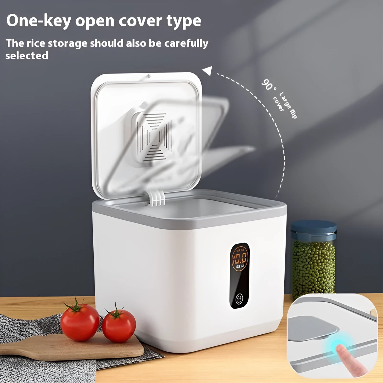Gray sealed plastic rice jar with insect-proof lid and measuring cup for kitchen food storage
