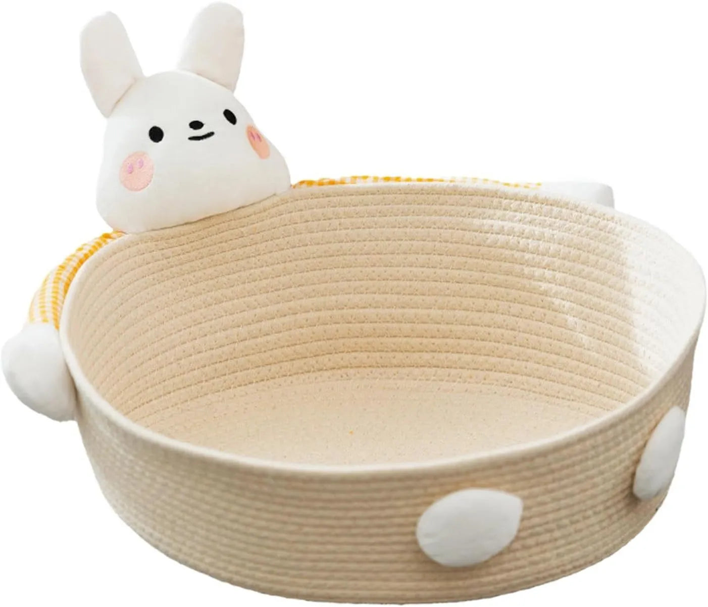 Woven cotton rope cat bed basket with scratching board in bear design for indoor furniture protection