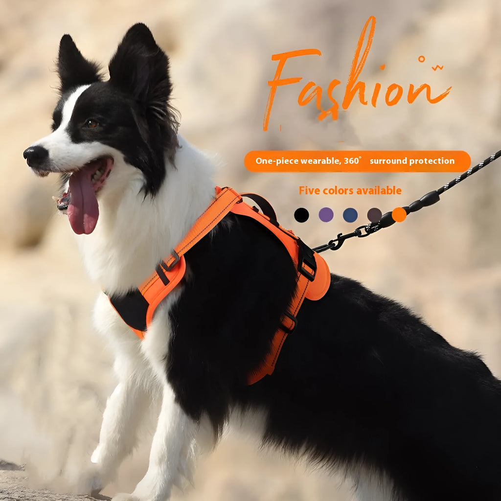 Orange reflective dog vest harness with integrated black hand-holding rope and adjustable straps.