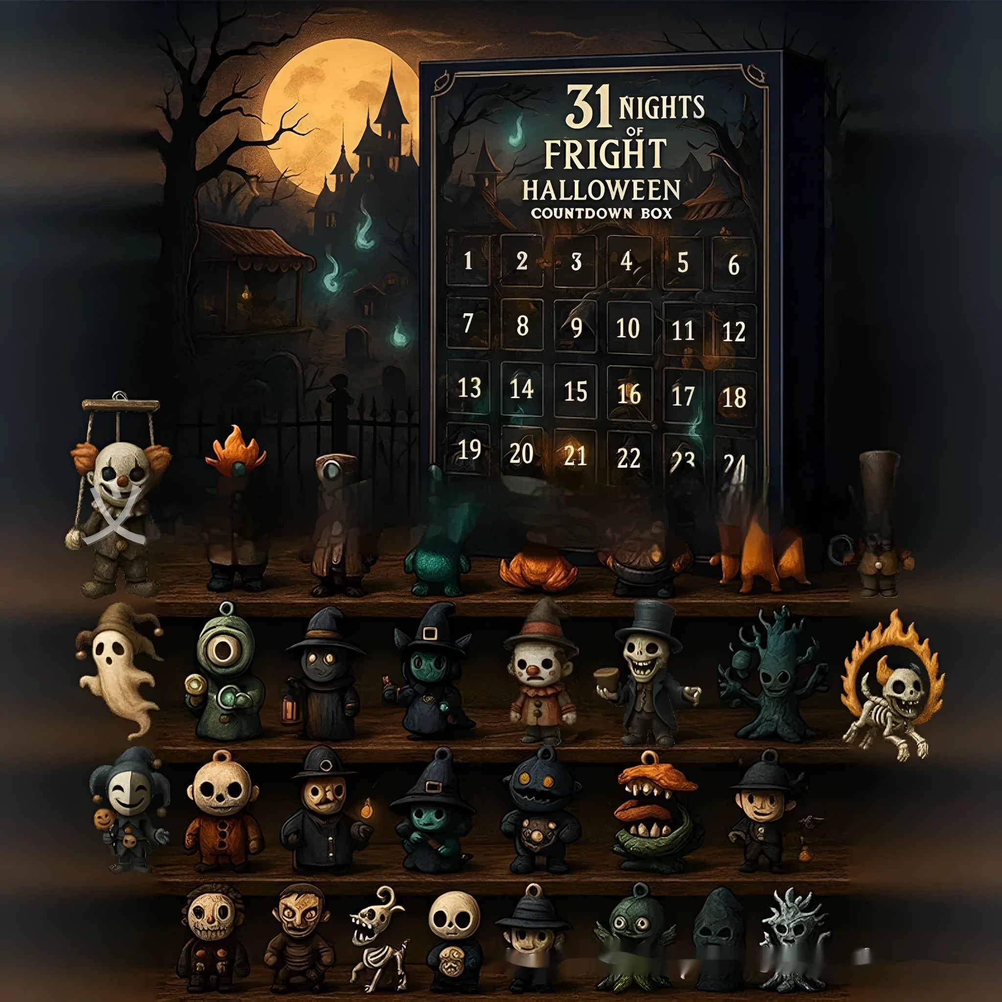 Halloween countdown advent calendar blind box with window displaying resin doll collectibles inside.
