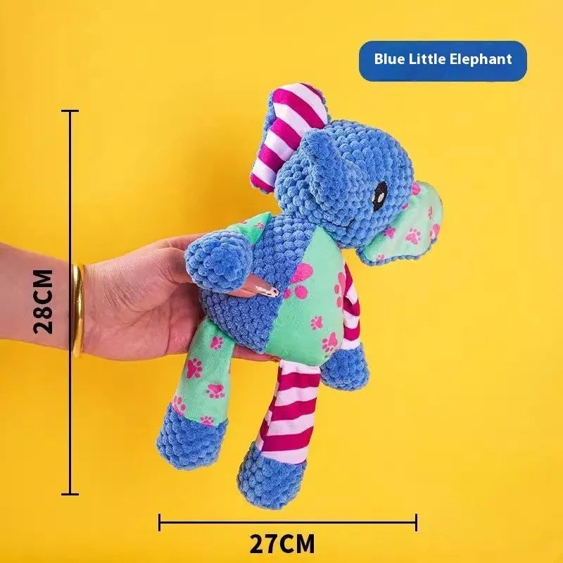 Assorted plush puppy toys including a blue elephant, coloured donkeys, and rechargeable duck styles.