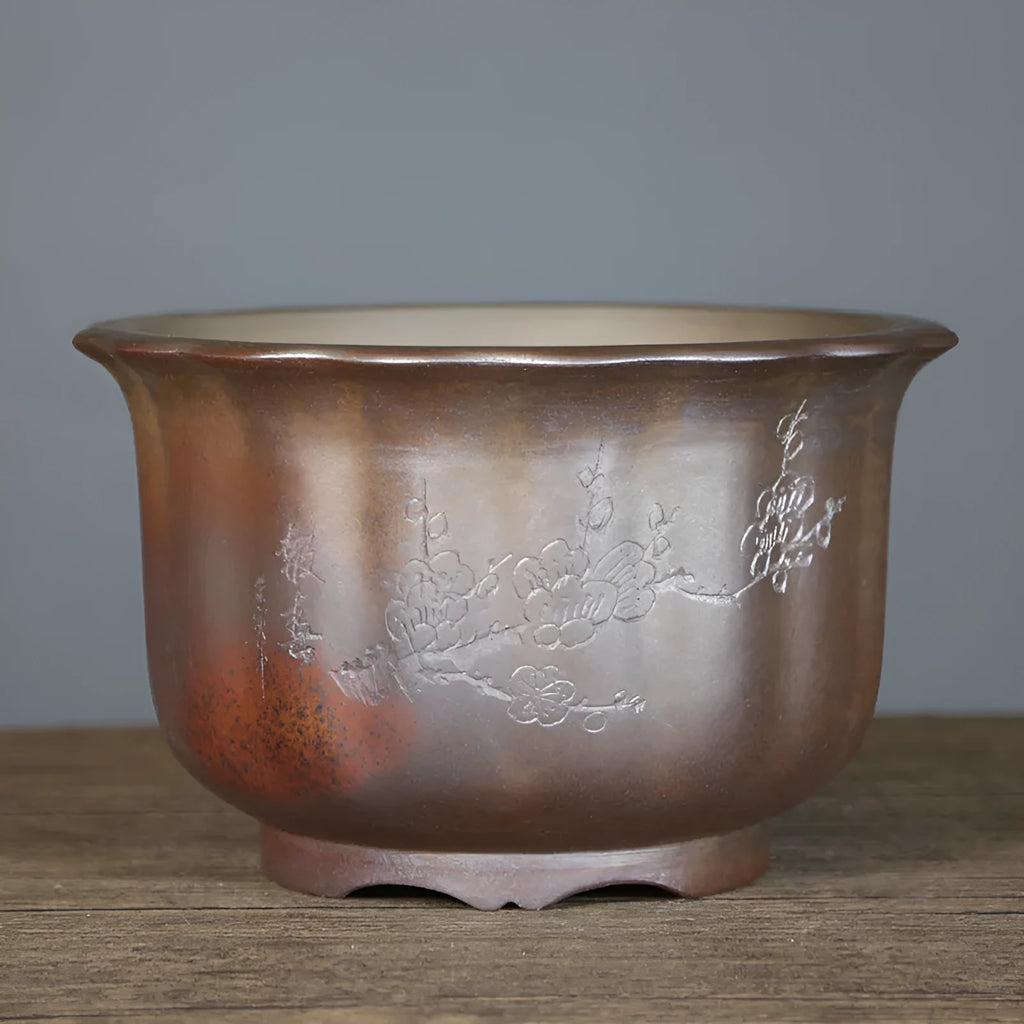 Purple sand ceramic bonsai pot with antique carved wood grain design