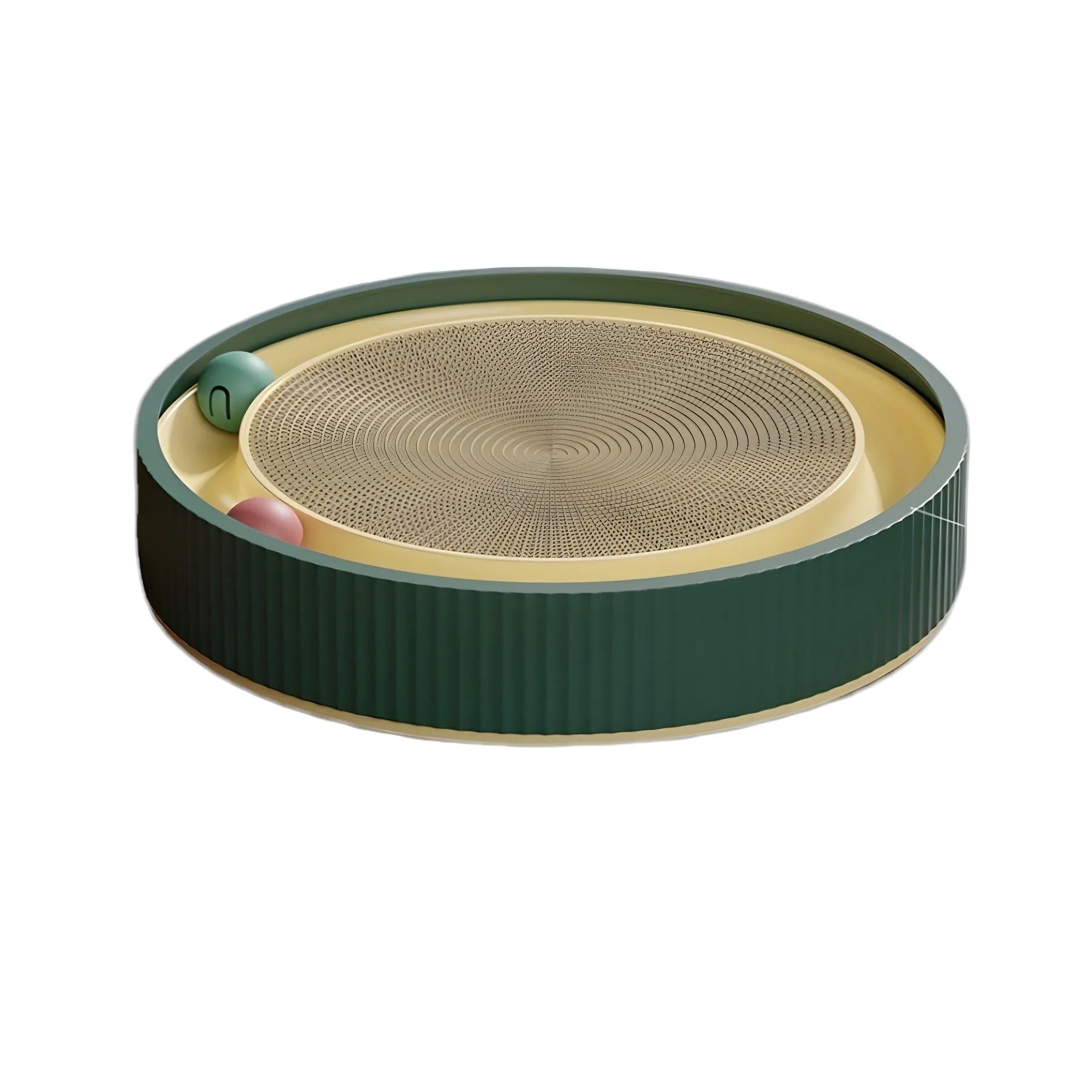 Large circular cat scratching board with ball toys measuring 45cm in diameter