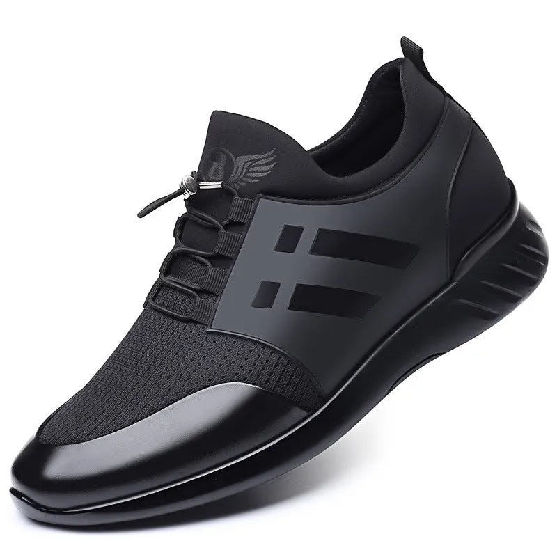Men's black casual sneakers with a chunky heel for discreet height increase, available in leather or mesh.