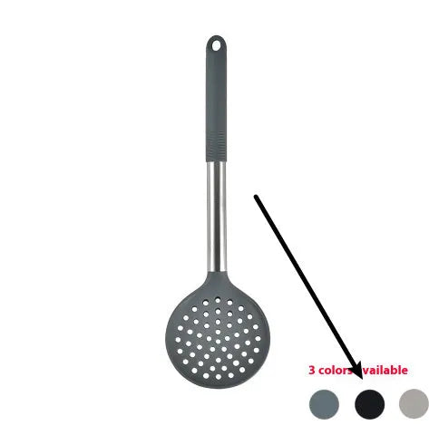 Silicone kitchen utensil set with 12 pieces including spatula, turner, ladel, and food clip in rotating storage bucket