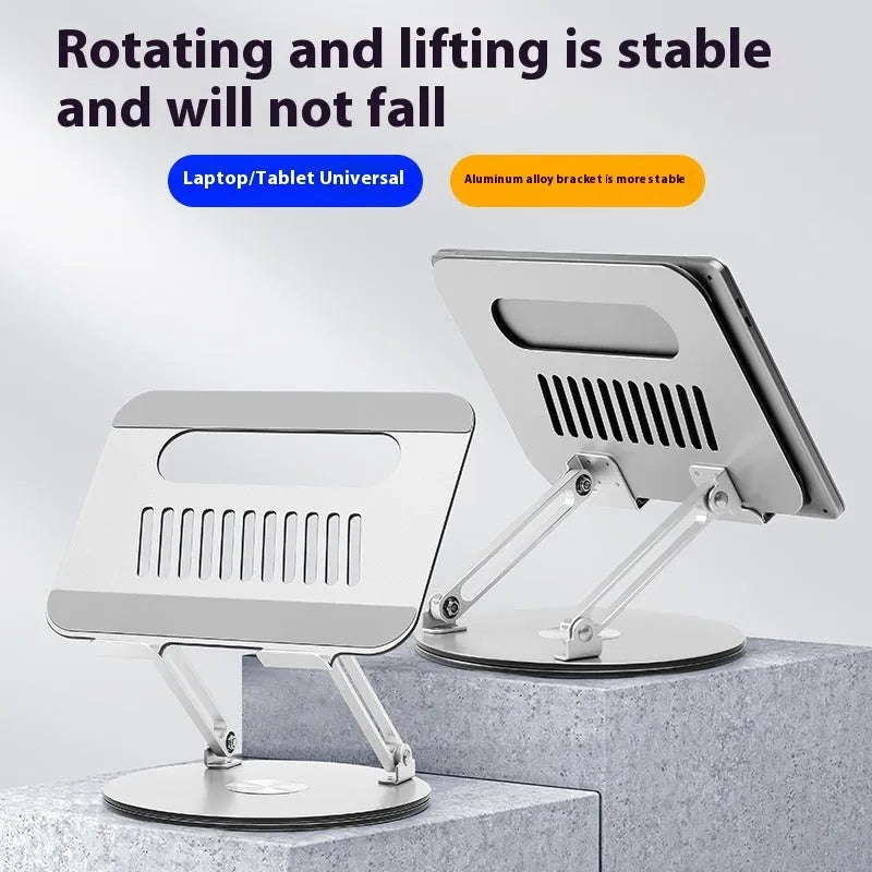 Silver aluminium laptop stand with rotatable base and height adjustment mechanism