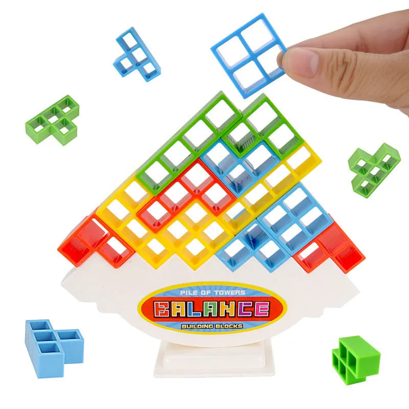 Plastic balance stacking game with 16 colourful building blocks, chassis, and base on a 26.5cm board.