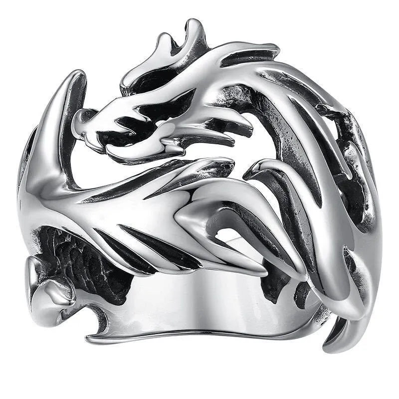 Chinese style luminous dragon pattern ring in antique silver blue and green on a metal adjustable band.