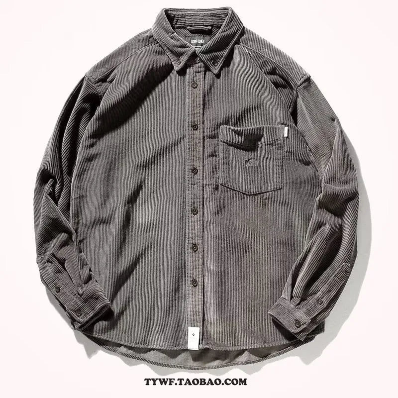Caramel and grey corduroy loose fit shirt with long sleeves and cardigan style