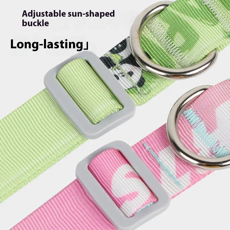 Adjustable nylon dog collar with cartoon gradient printing pattern in two colour variants