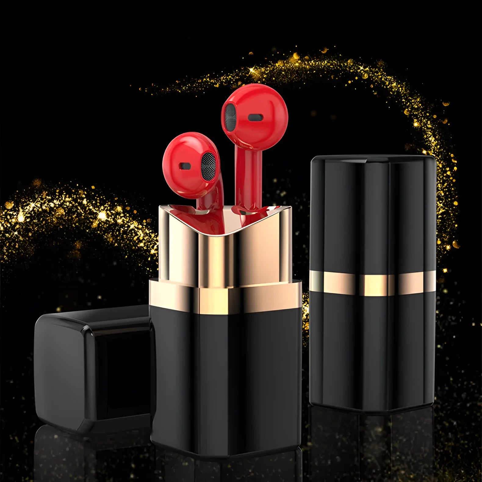 Lipstick-shaped charging case with pink wireless Bluetooth in-ear earphones