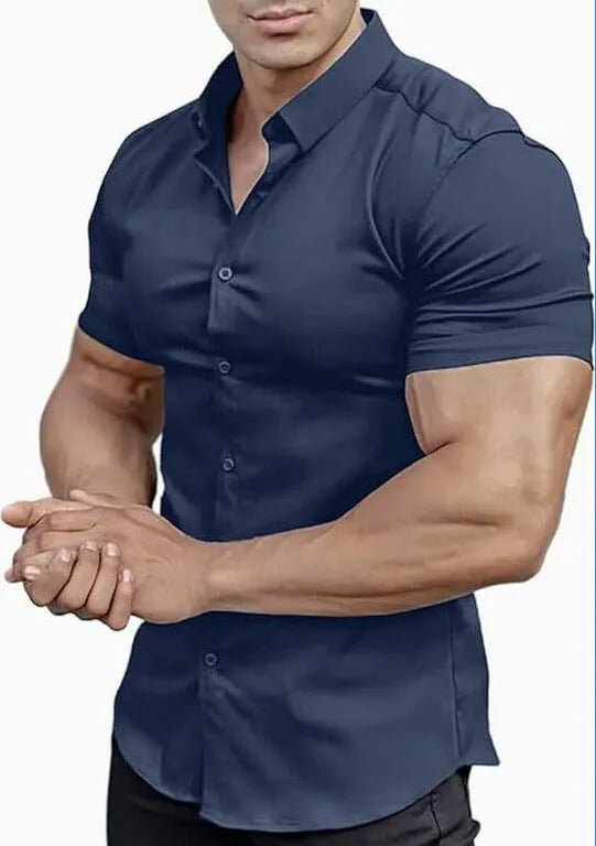 Men's short sleeve printed casual shirt in cardigan style with collar, available in multiple colours