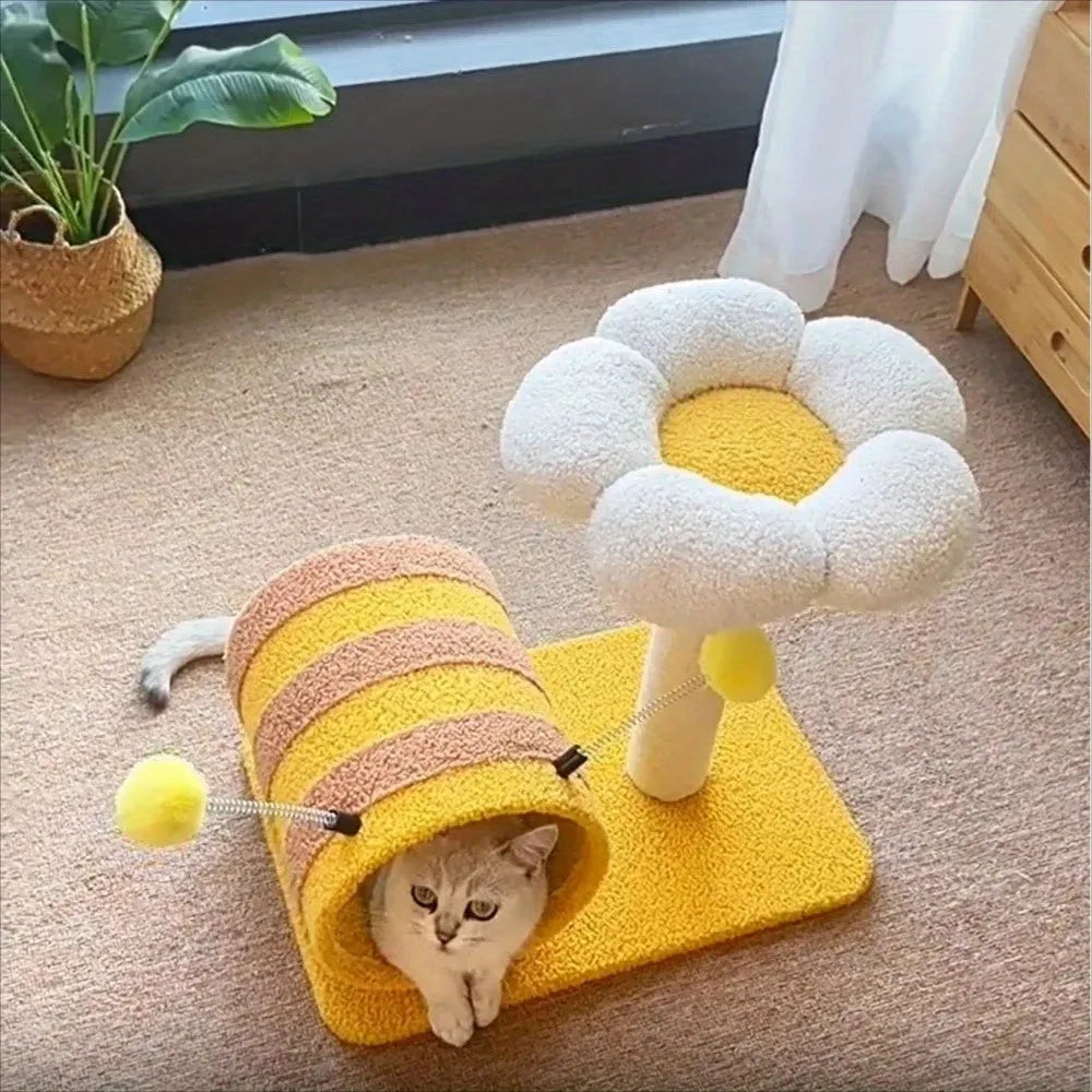 Yellow bee design cat climbing frame with sisal scratching board and tunnel measuring 46cm wide