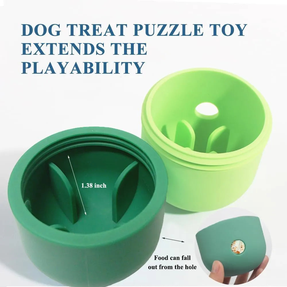 White and blue food grade silicone dog puzzle ball treat toy shown on a wooden floor.
