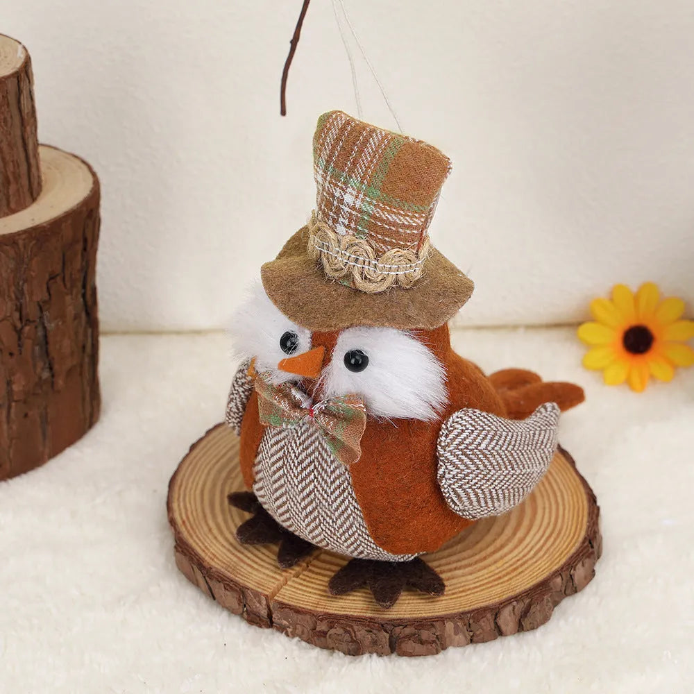 Orange and green Thanksgiving owl harvest bird cloth pendant ornament for window or desktop decoration