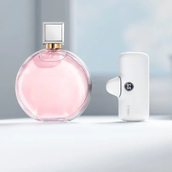 Mini lipstick portable power bank showing colour options and compact dimensions