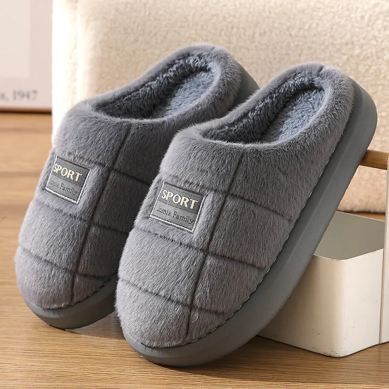 Men's grey and brown plaid rabbit hair slippers with thick EVA sole and wool lining.