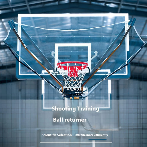 Automatic basketball training rebounder with cowhide and iron construction on a hoop.