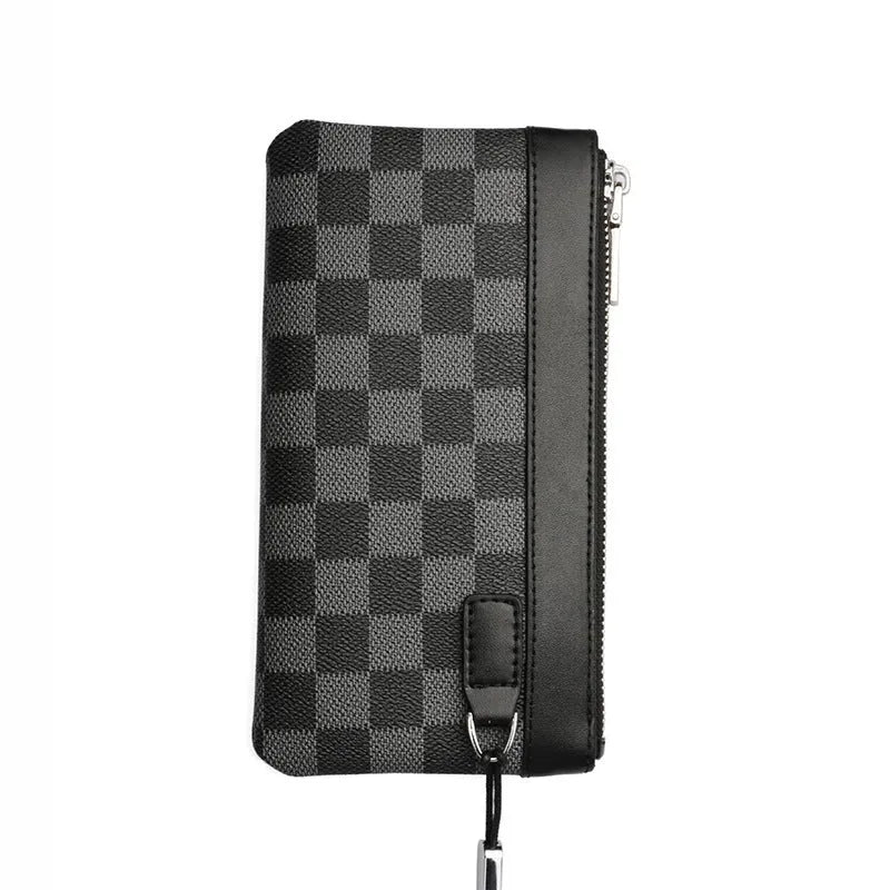 Black men's leather clutch wallet with plaid pattern showing 20cm by 10cm dimensions