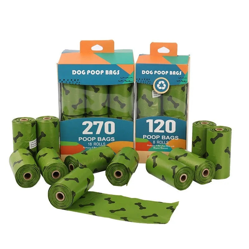 Roll of army green degradable dog waste bags with black bone print, showing bag size and dispenser.