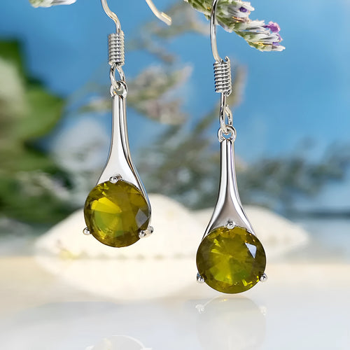 Olive green drop-shaped alloy earrings with minimalist design and electroplated finish