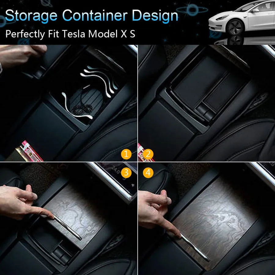 Black wireless charging storage box with QI compatibility and fast charging support