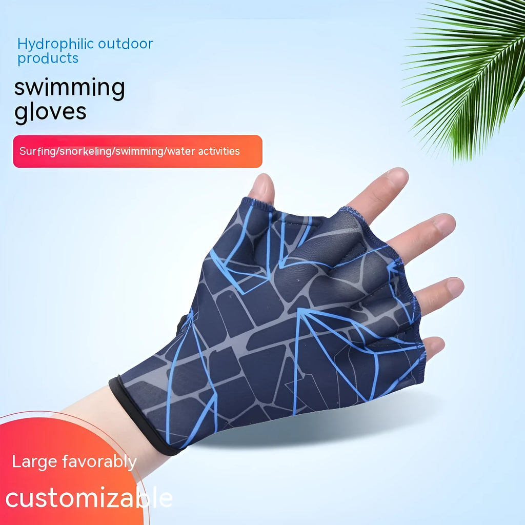 Duck feet webbed swimming gloves in nylon material showing colour print options