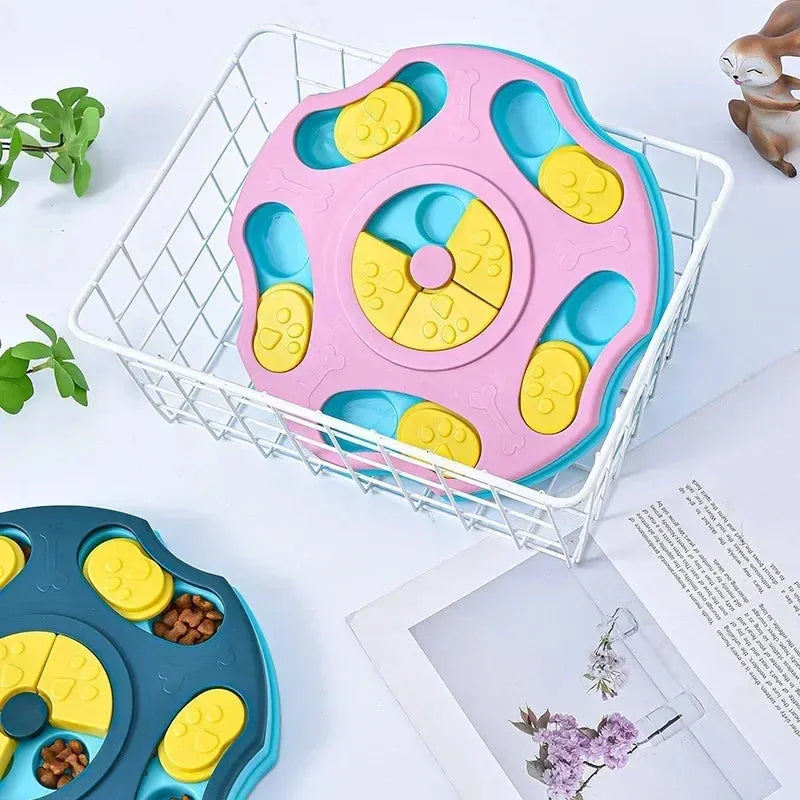 Blue and pink dog puzzle toy food feeder for interactive play and slower eating
