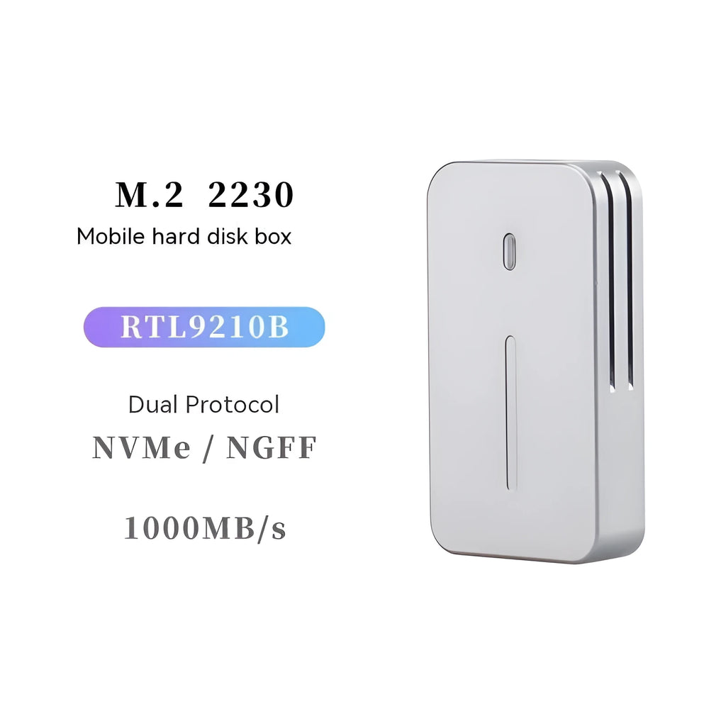 Aluminium alloy 10Gbps SSD enclosure with dual protocol support measuring 52mm x 28mm x 10mm