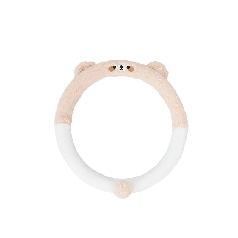 Plush rabbit fur steering wheel cover with animal embroidery for 38cm diameter winter use